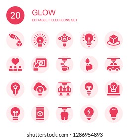 Glow Icon Set. Collection Of 20 Filled Glow Icons Included D, Lightbulb, Idea, Inspiration, Torch, Bulb