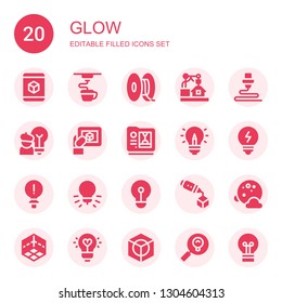 Glow Icon Set. Collection Of 20 Filled Glow Icons Included D, Idea, Bulb, Lightbulb, Full Moon