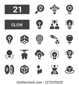 Glow Icon Set. Collection Of 21 Filled Glow Icons Included D, Idea, Torch, Lightbulb