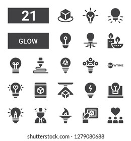 Glow Icon Set. Collection Of 21 Filled Glow Icons Included Inspiration, D, Torch, Idea, Bulb, Showtime, Lightbulb, Candles