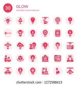 Glow Icon Set. Collection Of 30 Filled Glow Icons Included Idea, Torch, D, Showtime, Bulb, Lightbulb, Candles