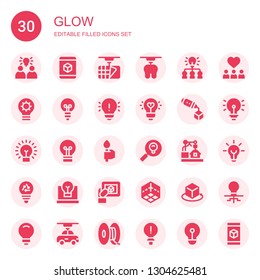 Glow Icon Set. Collection Of 30 Filled Glow Icons Included Idea, D, Lightbulb, Torch, Bulb, Inspiration