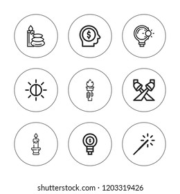 Glow icon set. collection of 9 outline glow icons with candle, brightness, lightbulb, idea, sparkler, spotlight icons. editable icons.