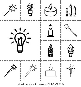 Glow icons. set of 13 editable outline glow icons such as candle, sparklers, sparkler, light bulb, fluorescent lamp