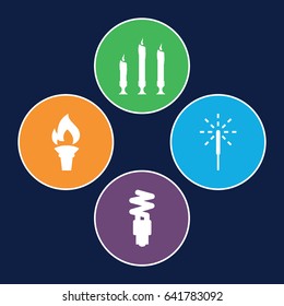 Glow icons set. set of 4 glow filled icons such as sparkler, candle, fluorescent lamp