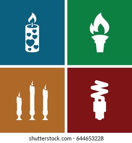 Glow icons set. set of 4 glow filled icons such as candle, fluorescent lamp