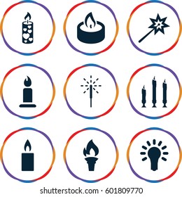 glow icons set. Set of 9 glow filled icons such as candle, sparkler, light bulb, torch