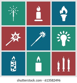 Glow icons set. set of 9 glow filled icons such as candle, sparklers, sparkler, light bulb