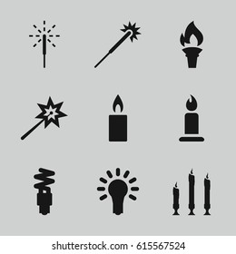 Glow icons set. set of 9 glow filled icons such as candle, sparklers, sparkler, light bulb, fluorescent lamp