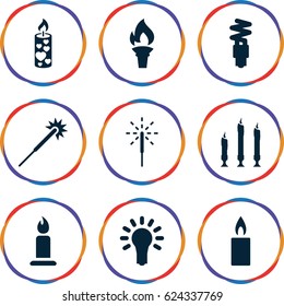 Glow icons set. set of 9 glow filled icons such as candle, sparklers, sparkler, light bulb, fluorescent lamp