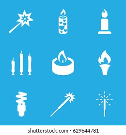 Glow icons set. set of 9 glow filled icons such as candle, sparklers, sparkler, fluorescent lamp