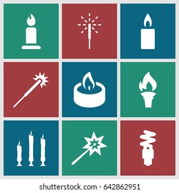 Glow icons set. set of 9 glow filled icons such as candle, sparklers, sparkler, fluorescent lamp
