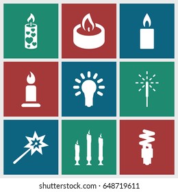 Glow icons set. set of 9 glow filled icons such as candle, sparkler, light bulb, fluorescent lamp