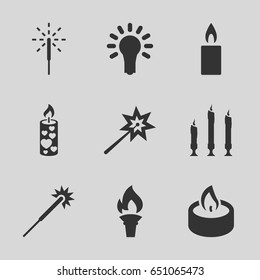 Glow icons set. set of 9 glow filled icons such as sparklers, candle, sparkler, light bulb
