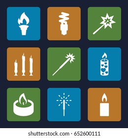 Glow icons set. set of 9 glow filled icons such as sparklers, candle, sparkler, fluorescent lamp