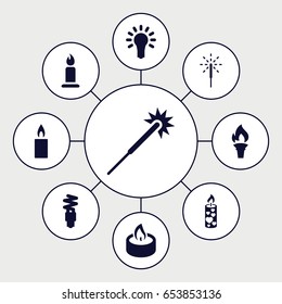 Glow icons set. set of 9 glow filled icons such as candle, sparklers, sparkler, light bulb, fluorescent lamp