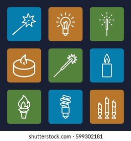 glow icons set. Set of 9 glow outline icons such as sparklers, sparkler, candle, light bulb, fluorescent lamp