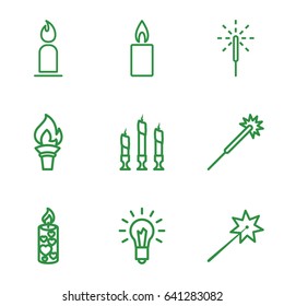 Glow icons set. set of 9 glow outline icons such as candle, sparklers, sparkler, light bulb