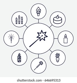 Glow icons set. set of 9 glow outline icons such as sparklers, candle, sparkler, fluorescent lamp