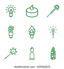 Glow icons set. set of 9 glow outline icons such as candle, sparklers, sparkler, light bulb, fluorescent lamp