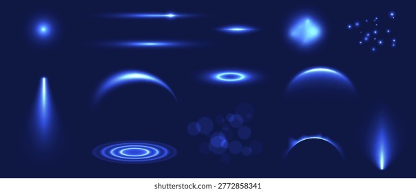 Glow isolated blue background light effect set, transparent lens flare, explosion, glitter, line, sun, sparks star. Abstract special effect element design. Shine ray with lightning, sparkling round