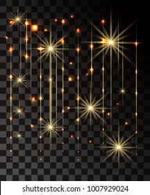 Glow isolated gold transparent effect, lens flare, explosion, glitter, line, sun flash, spark and stars. For illustration template art design, banner for Christmas celebrate, magic flash energy ray