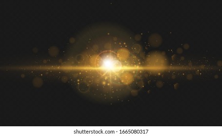 Glow isolated gold transparent effect, lens flare, explosion, glitter, line, sun flash, spark and stars. For illustration template art design, banner for Christmas celebrate, magic flash energy ray