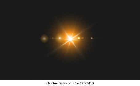 Efecto transparente dorado aislado brillante, destello de lente, explosión, brillo, línea, destello solar, chispa y estrellas. Para el diseño de ilustraciones de arte, banner para celebrar Navidad, rayos de energía flash mágico