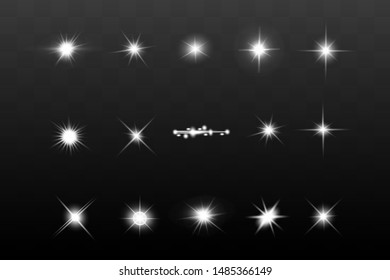 Glow isolated white dark light effect set, lens flare, explosion, glitter, line, sun flash, spark and stars. Abstract special effect element design.