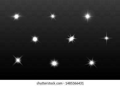 Glow isolated white dark light effect set, lens flare, explosion, glitter, line, sun flash, spark and stars. Abstract special effect element design.