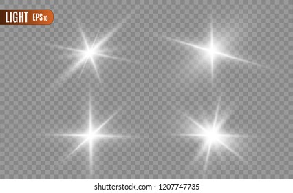 Glow isolated white light effect set, lens flare, explosion, glitter, line, sun flash and stars. Abstract special effect element design. Shine ray with lightning
