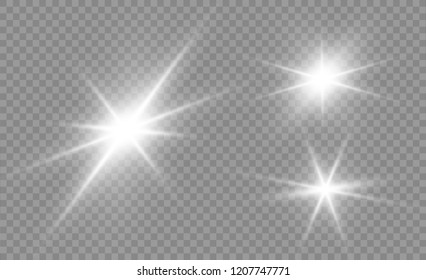Glow isolated white light effect set, lens flare, explosion, glitter, line, sun flash and stars. Abstract special effect element design. Shine ray with lightning