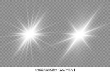 Glow isolated white light effect set, lens flare, explosion, glitter, line, sun flash and stars. Abstract special effect element design. Shine ray with lightning