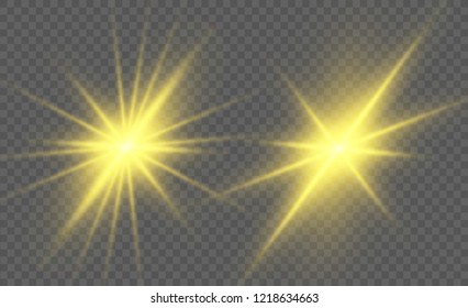 Glow isolated white light effect set, lens flare, explosion, glitter, line, sun flash and stars. Abstract special effect element design. Shine ray with lightning. Set of gold bright beautiful stars.
