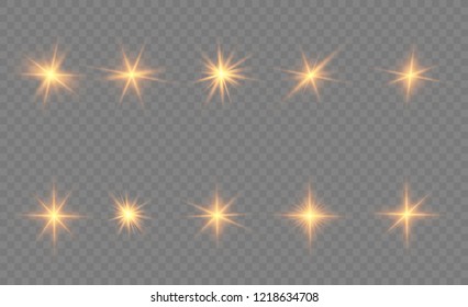 Glow isolated white light effect set, lens flare, explosion, glitter, line, sun flash and stars. Abstract special effect element design. Shine ray with lightning. Set of gold bright beautiful stars.