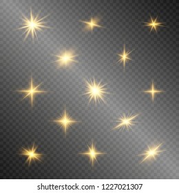 Juego de luz blanca aislada de brillo, lente de lente, explosión, brillo, línea, luz solar y estrellas. Diseño abstracto de elementos de efecto especial. Rayos brillantes con relámpagos.Conjunto de brillantes estrellas doradas y hermosas.