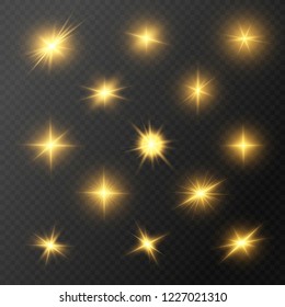 Glow isolated white light effect set, lens flare, explosion, glitter, line, sun flash and stars. Abstract special effect element design. Shine ray with lightning. Set of gold bright beautiful stars.