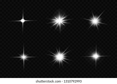 Glow isolated white light effect set, lens flare, explosion, glitter, line, sun flash, spark and stars. Abstract special effect element design.