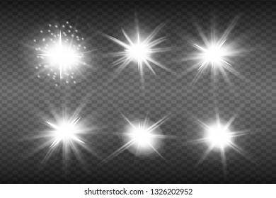 Glow isolated white light effect set, lens flare, explosion, glitter, line, sun flash, spark and stars. Abstract special effect element design.