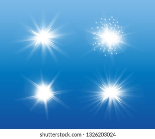 Glow isolated white light effect set, lens flare, explosion, glitter, line, sun flash, spark and stars. Abstract special effect element design.