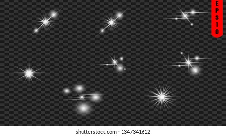 Glow isolated white light effect, lens flare, explosion, glitter, line, sun flash, spark and stars. Abstract special effect element design.