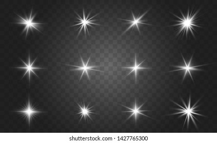 Glow isolated white light effect set, lens flare, explosion, glitter, line, sun flash and stars. Abstract special effect element design. Shine ray with lightning