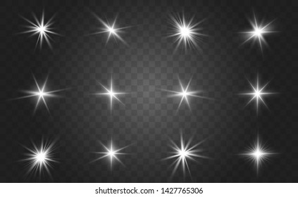 Glow isolated white light effect set, lens flare, explosion, glitter, line, sun flash and stars. Abstract special effect element design. Shine ray with lightning