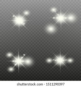 Glow isolated, white light effect, lens flare, explosion, shine, line, sun flare, spark and stars. Abstract design of a special effect element. On a transparency grid.
