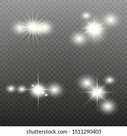 Glow isolated, white light effect, lens flare, explosion, shine, line, sun flare, spark and stars. Abstract design of a special effect element. On a transparency grid.