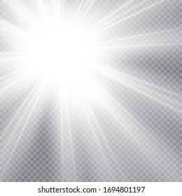 Lichtisolierter weißer Lichteffekt Set, Objektivfackel, Explosion, Glitter, Linie, Sonnenblitz und Sterne. Abstraktes Design von Spezialeffekten. Rheinrochen mit Blitz
