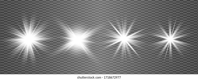 Glow isolated white light effect set, lens flare, explosion, glitter, line, sun flash and stars. Abstract special effect element design. Shine ray with lightning. Set of gold bright beautiful stars