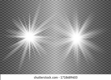 Glow isolated white light effect set, lens flare, explosion, glitter, line, sun flash and stars. Abstract special effect element design. Shine ray with lightning. Set of gold bright beautiful stars