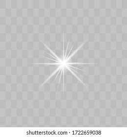 Glow isolated white light effect set, lens flare, explosion, glitter, line, sun flash and stars. Abstract special effect element design. Shine ray with lightning. Set of gold bright beautiful stars