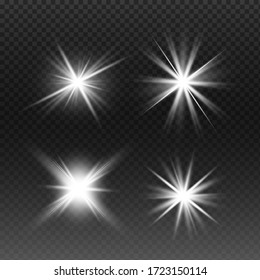 Glow isolated white light effect set, lens flare, explosion, glitter, line, sun flash and stars. Abstract special effect element design. Shine ray with lightning. Set of gold bright beautiful stars